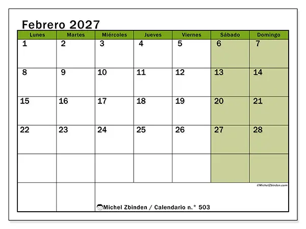 Calendario de febrero de 2027 para imprimir - Organización viva