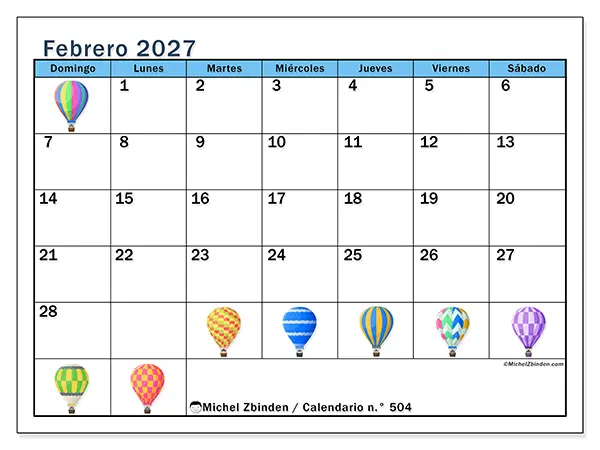 Calendario de febrero de 2027 para imprimir - Globos aerostáticos - Semana de domingo a sábado