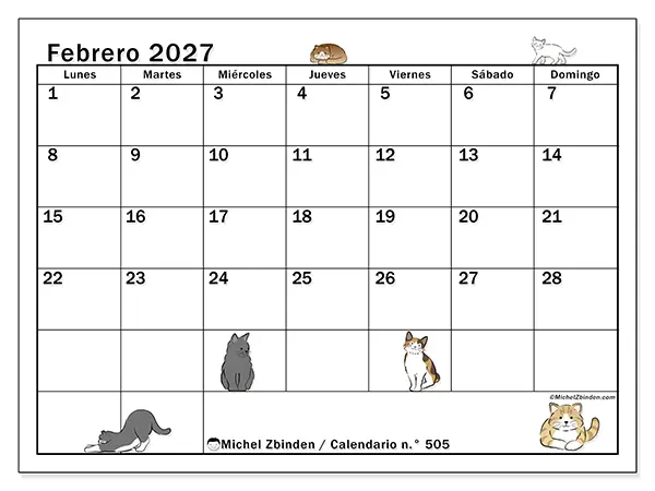 Calendario de febrero de 2027 para imprimir - Vida de gato