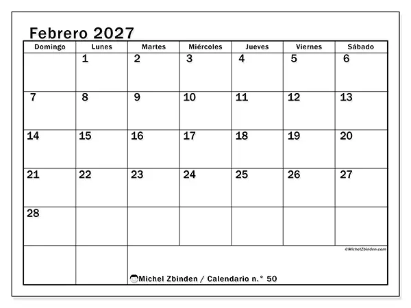 Calendario de febrero de 2027 para imprimir - Planificación óptima - Semana de domingo a sábado