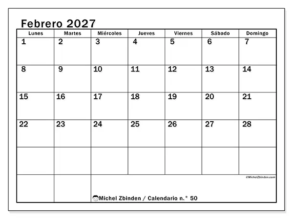 Calendario de febrero de 2027 para imprimir - Planificación óptima
