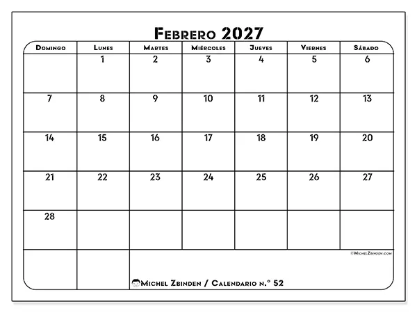 Calendario de febrero de 2027 para imprimir - Organización profesional - Semana de domingo a sábado