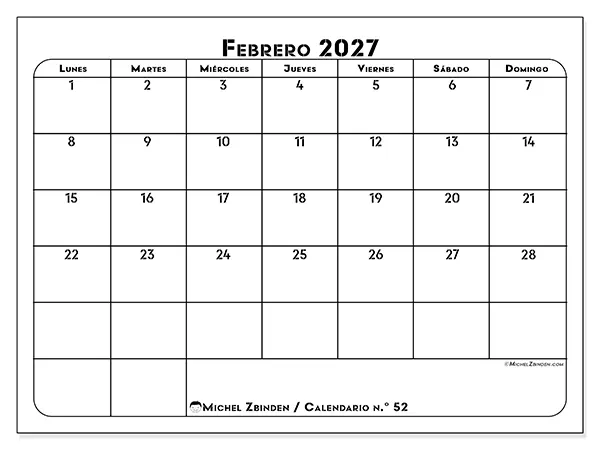 Calendario de febrero de 2027 para imprimir - Organización profesional