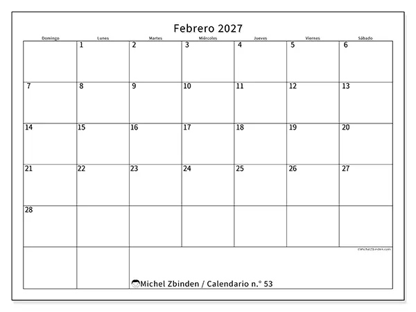 Calendario de febrero de 2027 para imprimir - Horario eficiente - Semana de domingo a sábado