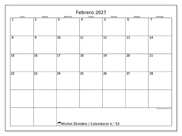 Calendario de febrero de 2027 para imprimir - Horario eficiente