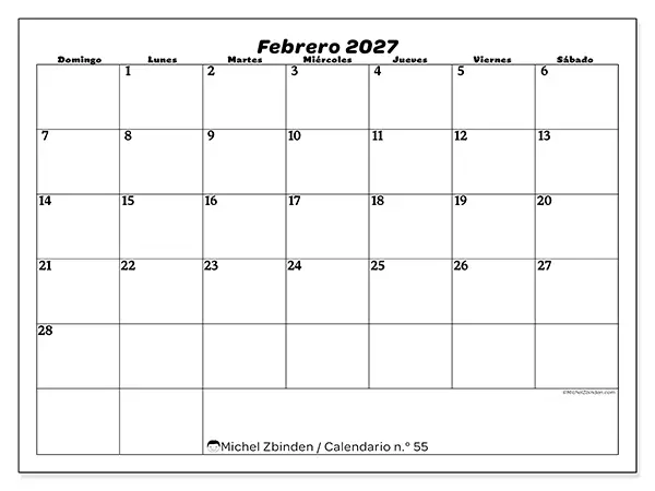 Calendario de febrero de 2027 para imprimir - Organización del ocio - Semana de domingo a sábado