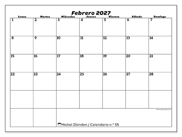 Calendario de febrero de 2027 para imprimir - Organización del ocio