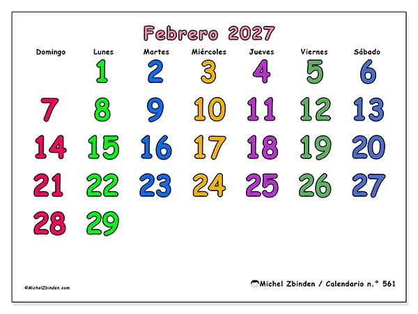 Calendario de febrero de 2027 para imprimir - Momentos creativos - Semana de domingo a sábado