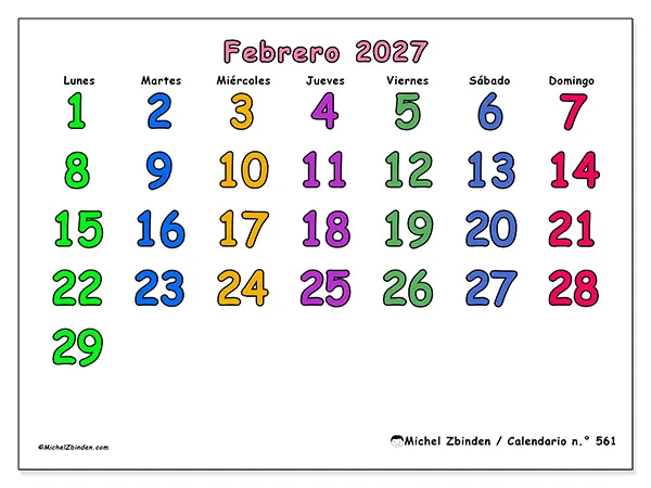 Calendario de febrero de 2027 para imprimir - Momentos creativos