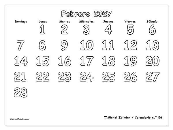 Calendario de febrero de 2027 para imprimir - Colorear útil - Semana de domingo a sábado