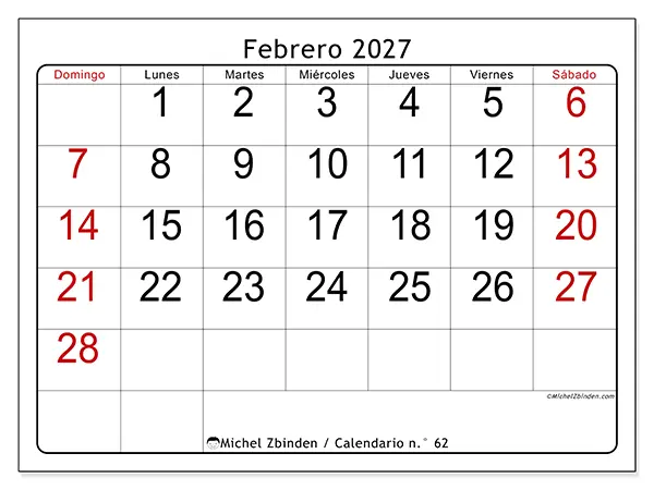 Calendario de febrero de 2027 para imprimir - Lectura rápida - Semana de domingo a sábado