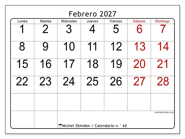Calendario de febrero de 2027 para imprimir - Lectura rápida