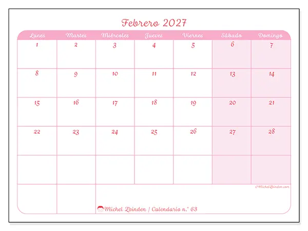 Calendario de febrero de 2027 para imprimir - Organización en suavidad