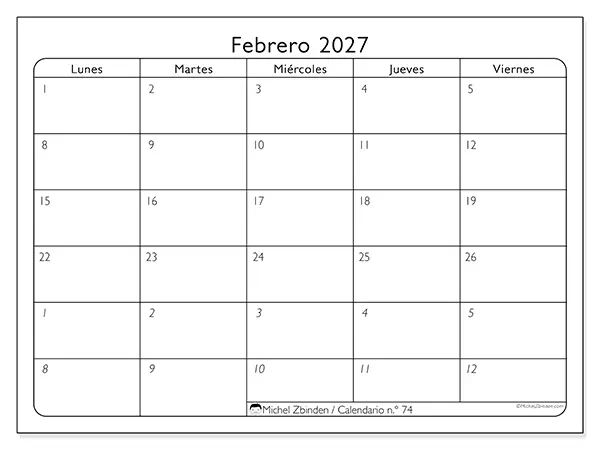 Calendario de febrero de 2027 para imprimir - Organización del trabajo