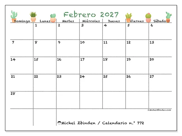 Calendario de febrero de 2027 para imprimir - Cactus decorativos - Semana de domingo a sábado