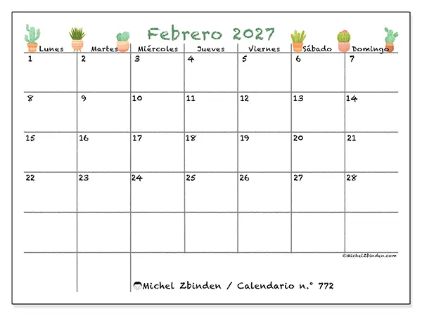 Calendario de febrero de 2027 para imprimir - Cactus decorativos