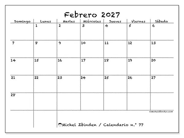 Calendario de febrero de 2027 para imprimir - Escuela y familia - Semana de domingo a sábado