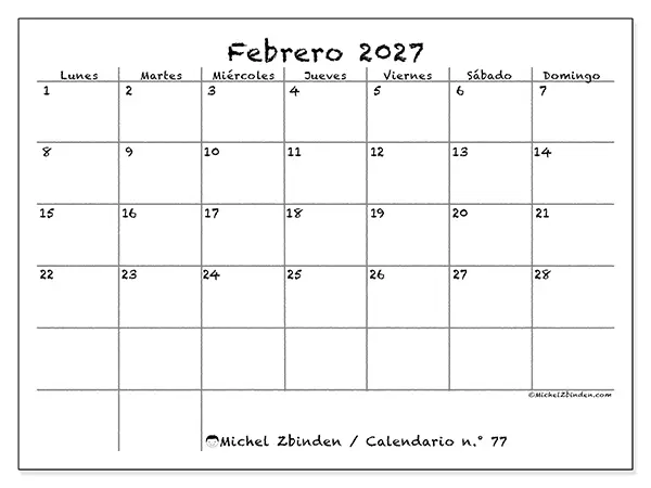 Calendario de febrero de 2027 para imprimir - Escuela y familia