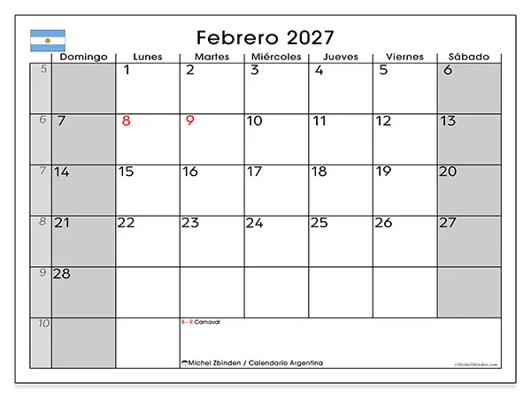 Calendario de febrero de 2027 para imprimir - Argentina