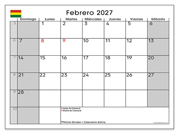 Calendario de febrero de 2027 para imprimir - Bolivia