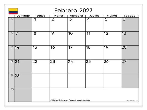 Calendario de febrero de 2027 para imprimir - Colombia