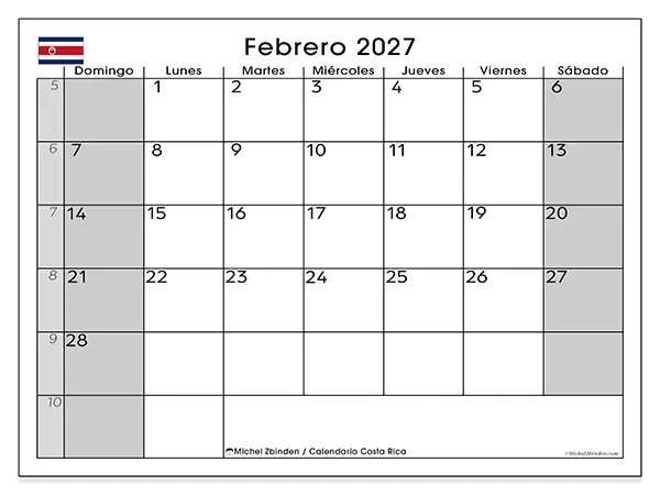 Calendario de febrero de 2027 para imprimir - Costa Rica