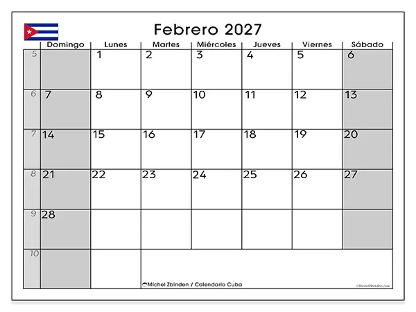 Calendario de febrero de 2027 para imprimir - Cuba