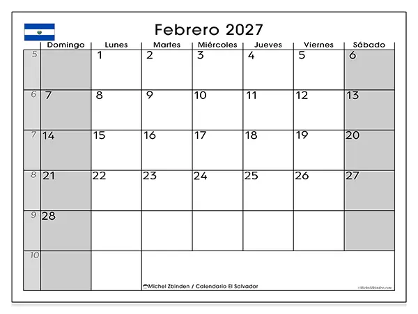 Calendario de febrero de 2027 para imprimir - El Salvador