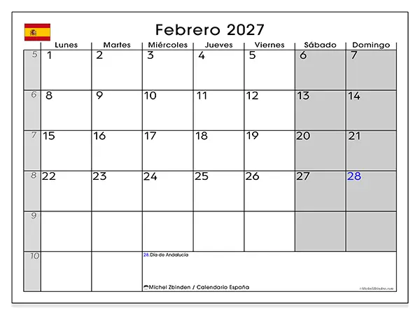 Calendario de febrero de 2027 para imprimir - España