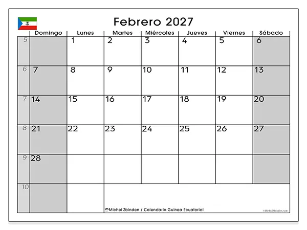 Calendario de febrero de 2027 para imprimir - Guinea Ecuatorial