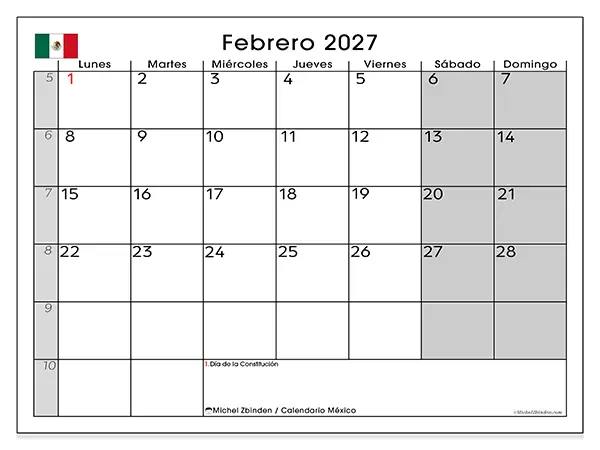 Calendario de febrero de 2027 para imprimir - México