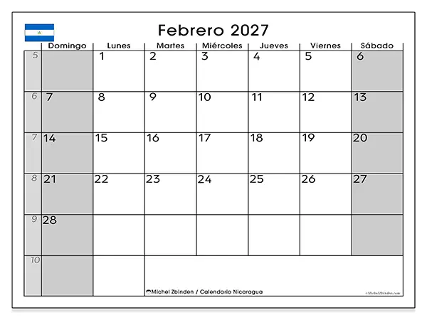 Calendario de febrero de 2027 para imprimir - Nicaragua