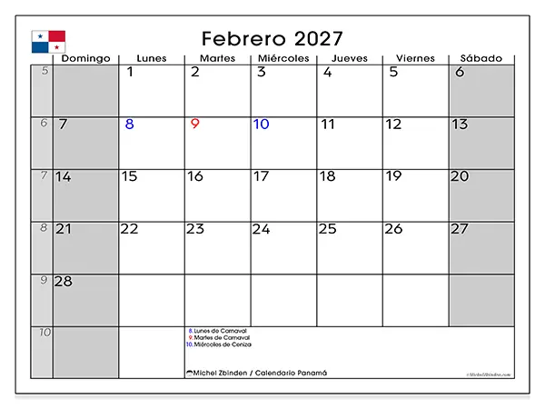 Calendario de febrero de 2027 para imprimir - Panamá