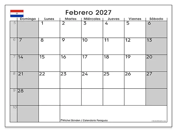 Calendario de febrero de 2027 para imprimir - Paraguay