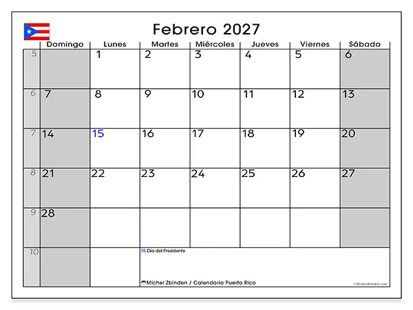 Calendario de febrero de 2027 para imprimir - Puerto Rico