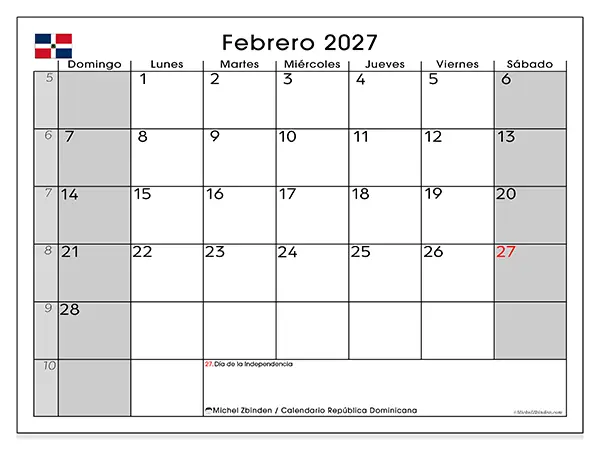 Calendario de febrero de 2027 para imprimir - República Dominicana