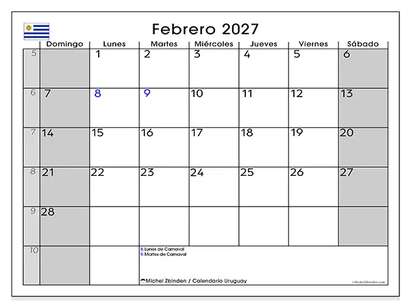 Calendario de febrero de 2027 para imprimir - Uruguay