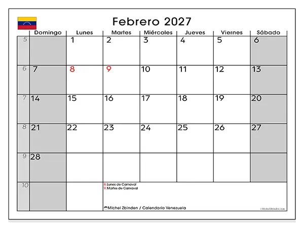 Calendario de febrero de 2027 para imprimir - Venezuela