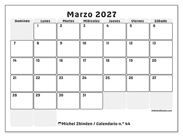 Calendario de marzo de 2027 para imprimir - Planificación estructurada - Semana de domingo a sábado