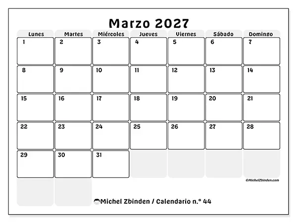 Calendario de marzo de 2027 para imprimir - Planificación estructurada