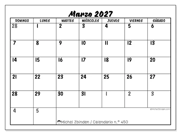 Calendario de marzo de 2027 para imprimir - Organización detallada - Semana de domingo a sábado