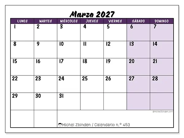 Calendario de marzo de 2027 para imprimir - Eficiencia colorida