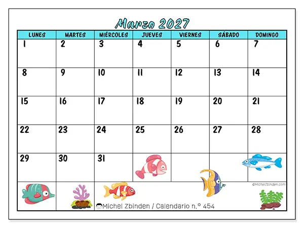Calendario de marzo de 2027 para imprimir - Peces coloridos