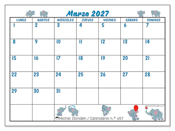 Calendario de marzo de 2027 para imprimir - Pequeños elefantes