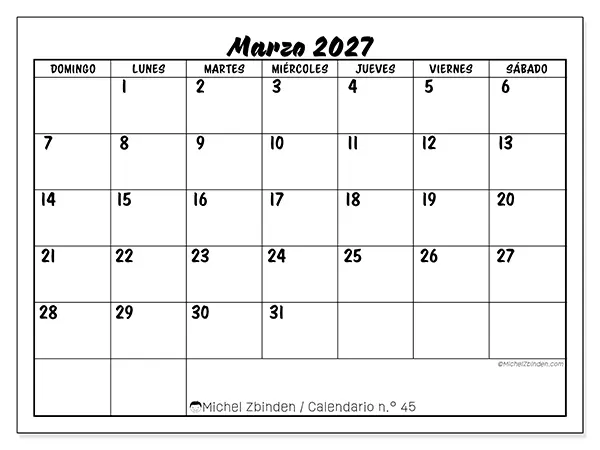 Calendario de marzo de 2027 para imprimir - Éxito escolar - Semana de domingo a sábado