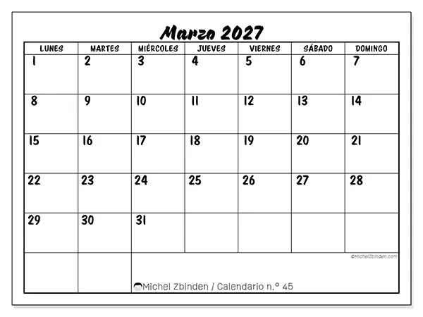 Calendario de marzo de 2027 para imprimir - Éxito escolar