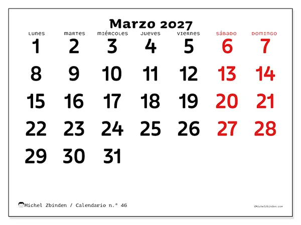 Calendario de marzo de 2027 para imprimir - Visión clara