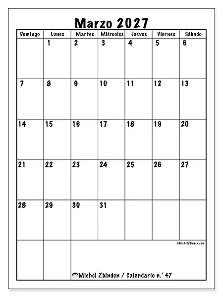 Calendario de marzo de 2027 para imprimir - Planificación eficiente - Semana de domingo a sábado