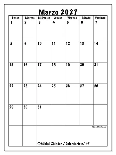 Calendario de marzo de 2027 para imprimir - Planificación eficiente