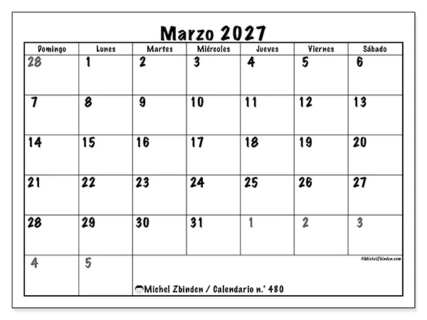 Calendario de marzo de 2027 para imprimir - Planificación completa - Semana de domingo a sábado